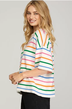 SHE & SKY SHORT SLEEVE MULTI STRIPED SWEATER TOP