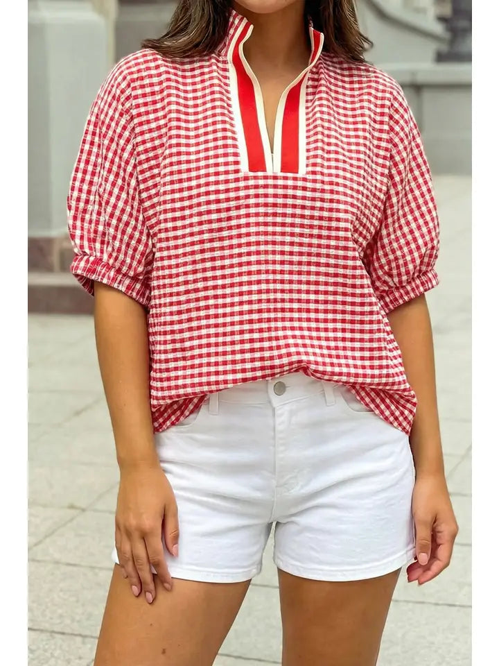 Gingham Short Sleeve Colorblock Trim Split Neck Blouse