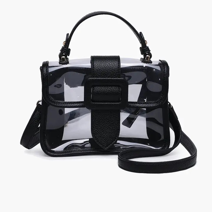 Jen & Co Toni Clear Flapover Crossbody Bag – Stadium Purse-Black