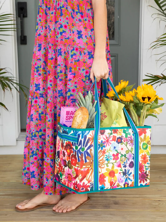 Natural Life Set of 2 Heavy Duty Reusable Grocery & More Box Bags-Bright Floral Garden