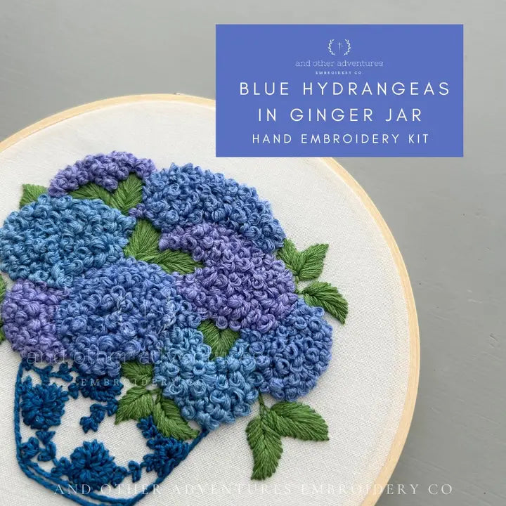 And Other Adventures Embroidery Co Hand Embroidery Kit - Blue Hydrangeas in Ginger Jar