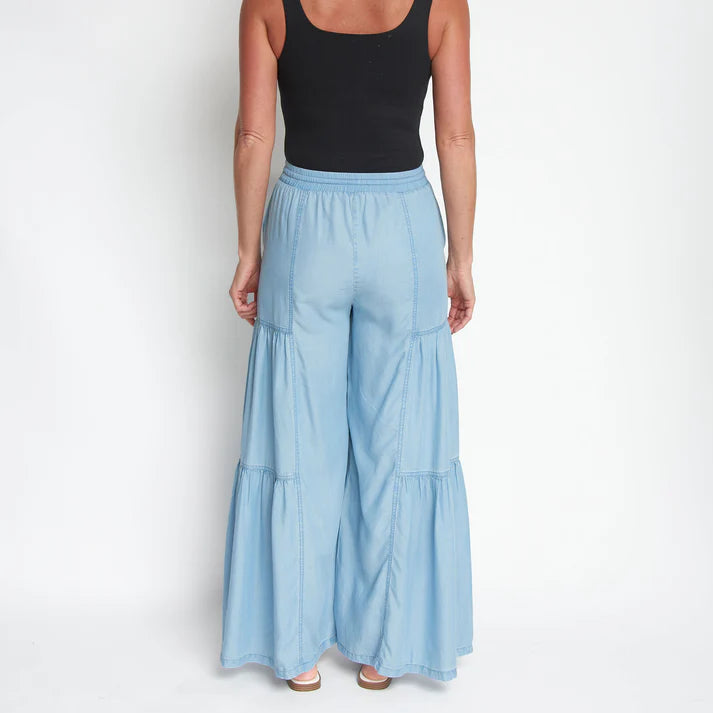 ELSIE & ZOEY  Delaney Wide Leg Tiered Drawstring Chambray Pants