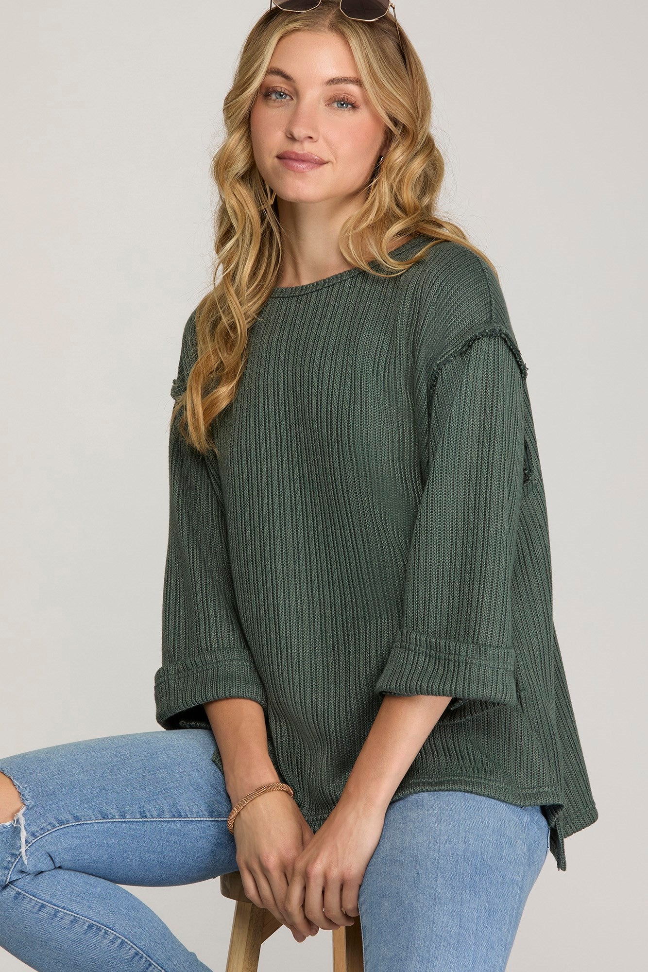 She + Sky 3/4 FOLDED SLEEVE KNIT TOP-Slate