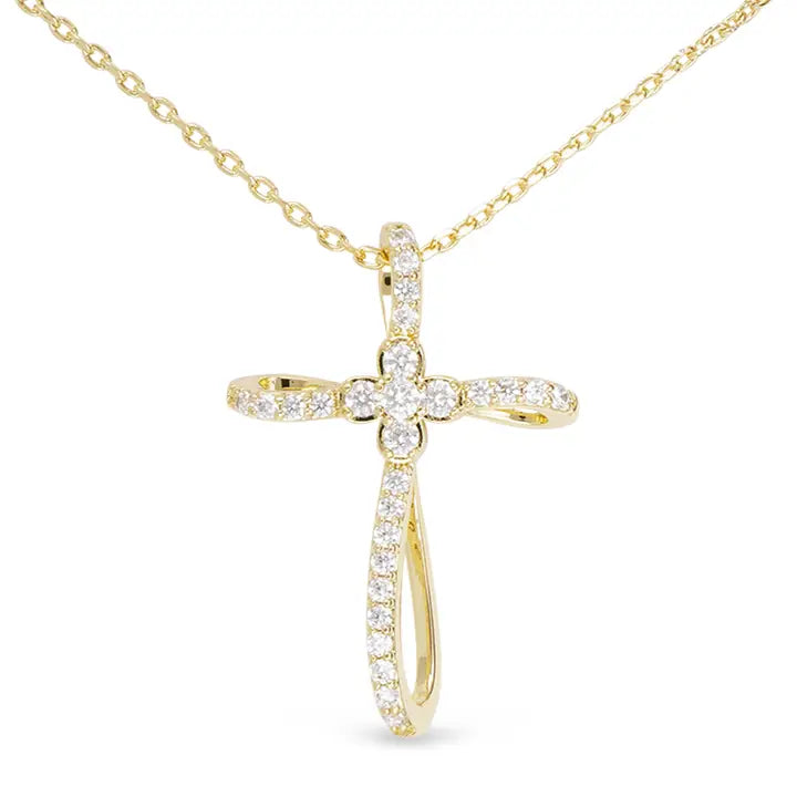 Amanda Blu Gold Cz Ribbon and Clover Center Cross Necklace