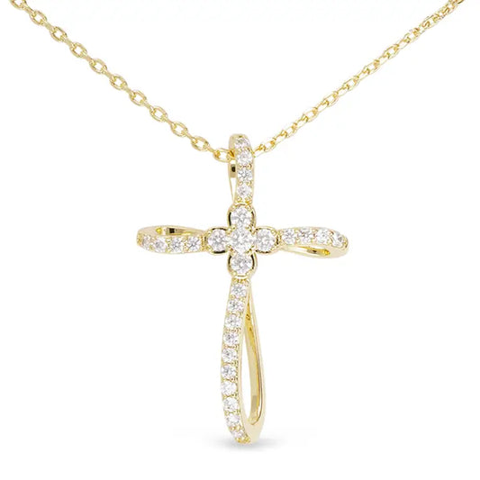Amanda Blu Gold Cz Ribbon and Clover Center Cross Necklace