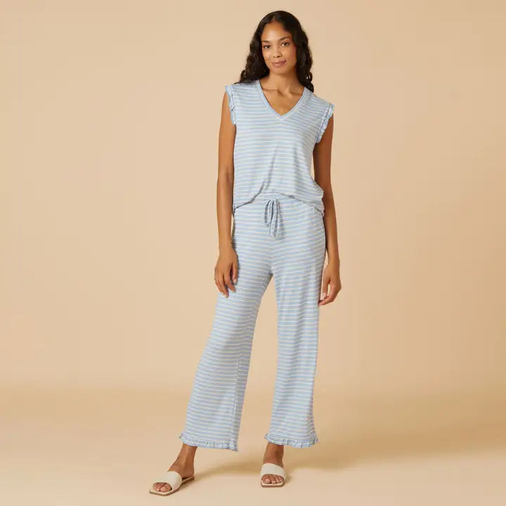 Softies Dream Ruffle V-Neck with Cropped Pant-Sky Blue Stripe