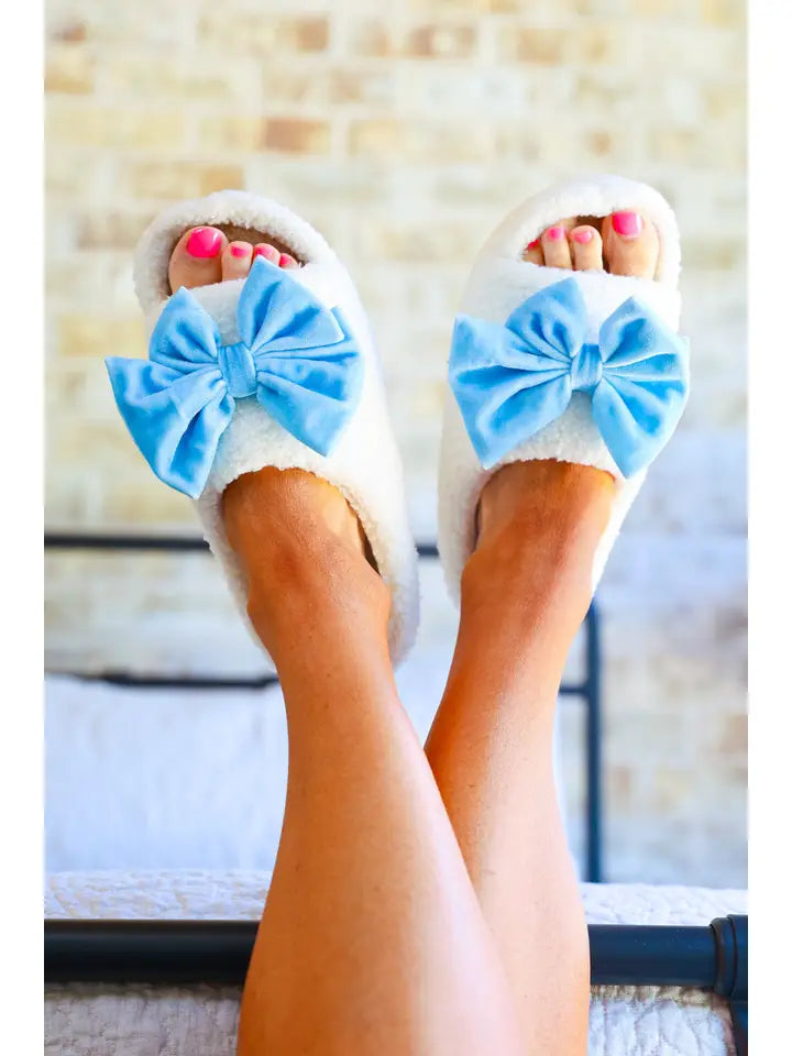 Jess Lea Open Toe Cozy Bow Slippers- White/Blue