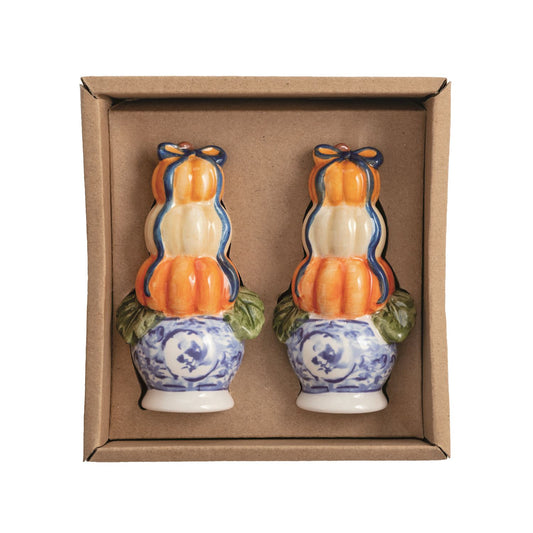 MUD PIE PUMPKIN TOPIARY SALT & PEPPER SHAKER SET
