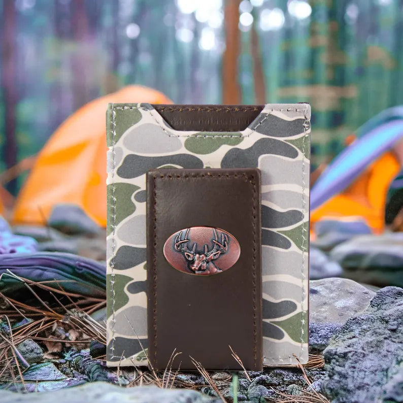 Zep-Pro Buck Men's Magnetic Front Pocket Old School Camo Leather Wallet.