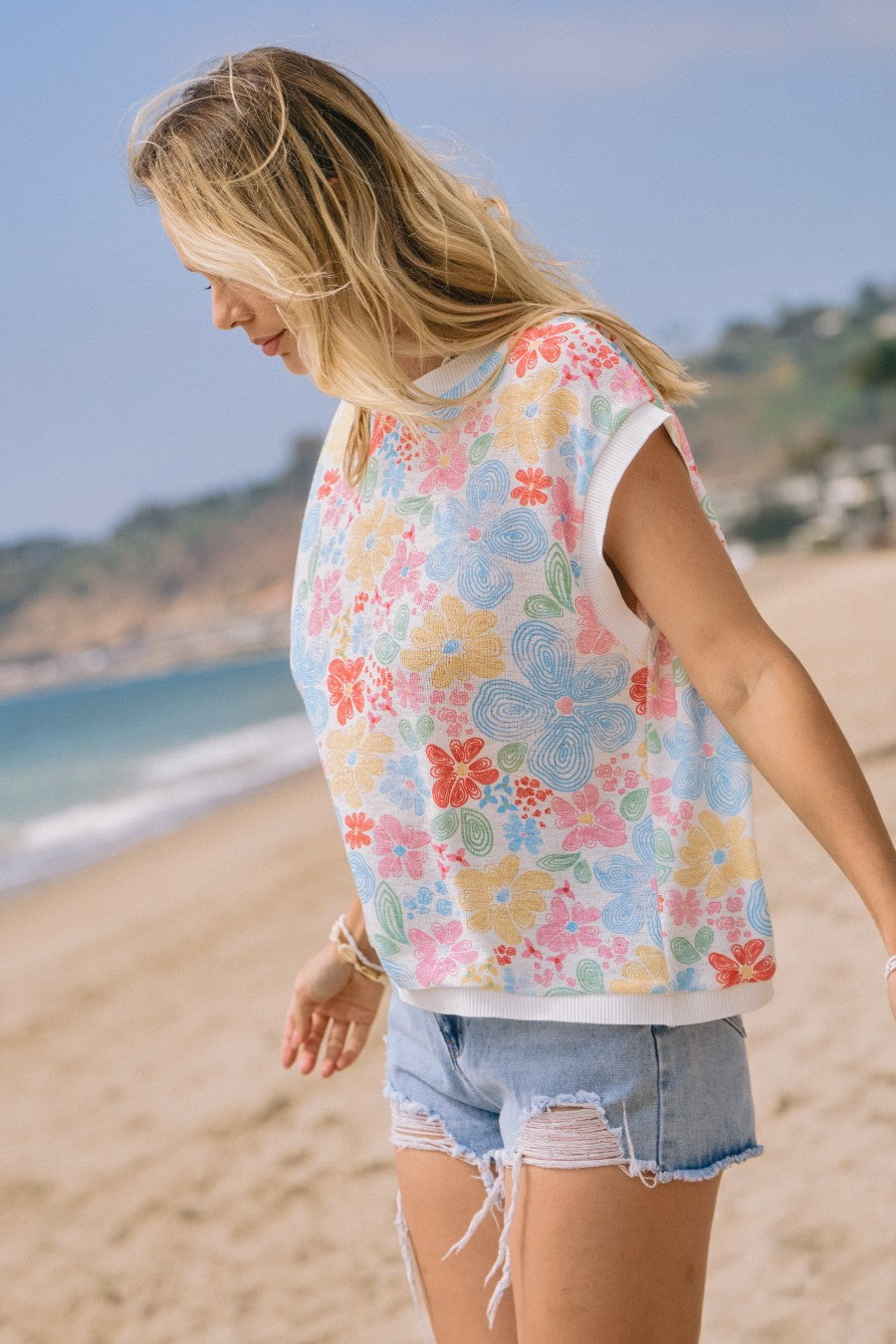 Floral Printed Knitted Jersey Vest