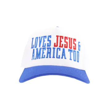 Loves Jesus and America Embroidered Trucker Hat-Royal Blue
