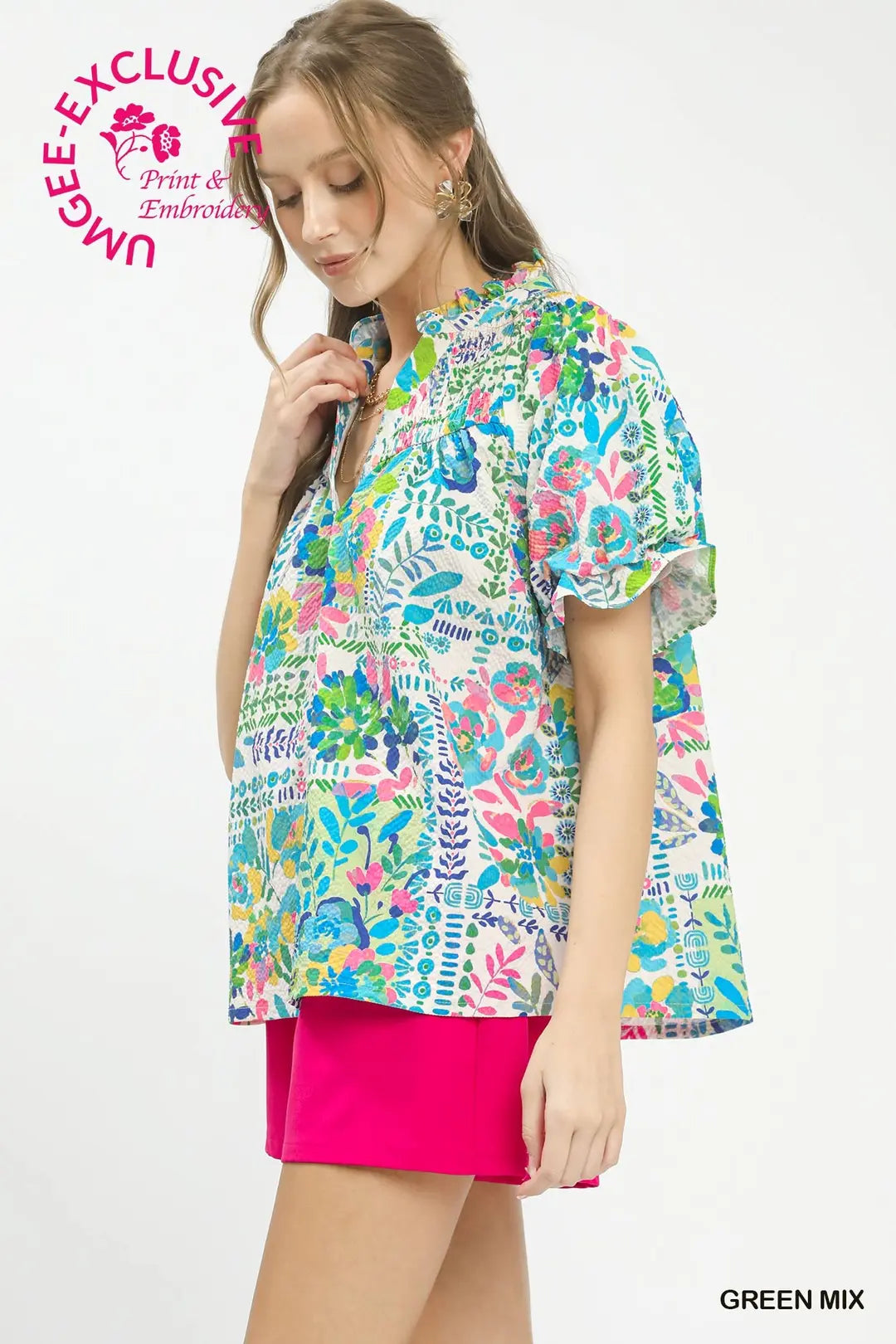 Umgee Botanical Print Flutter Sleeve Blouse