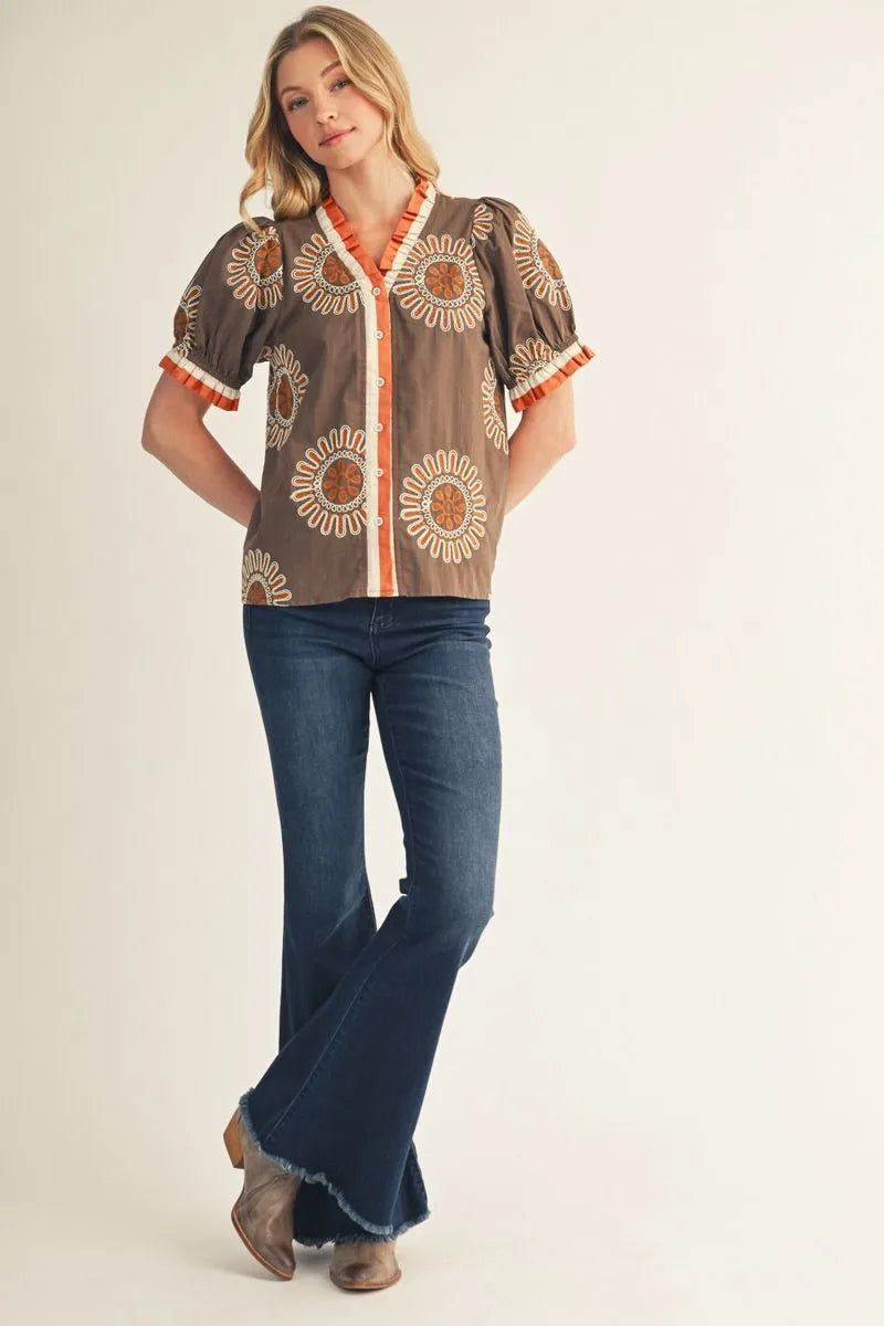 Jodifl Short Puff Sleeves Button Down Embroidered Top-Mocha