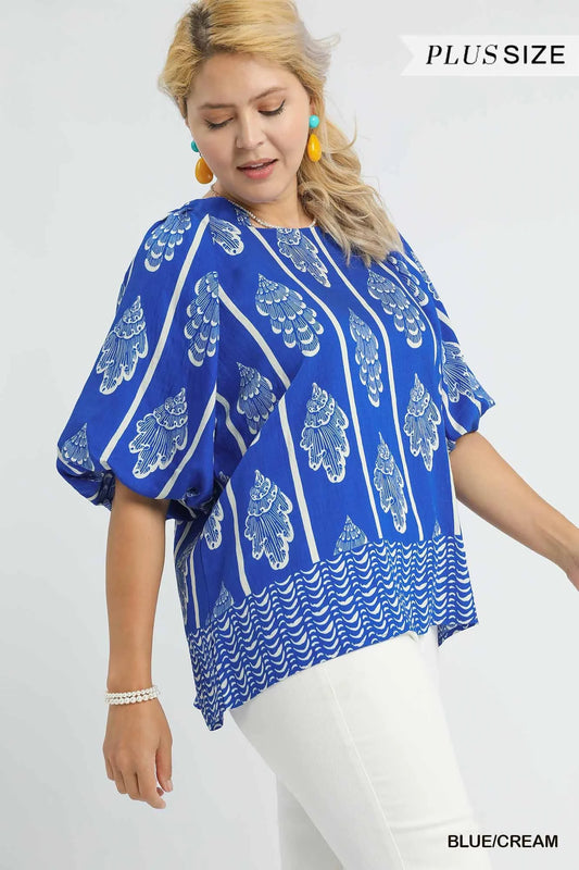 Umgee Blue/White Boho Bloom Puff Sleeve Top