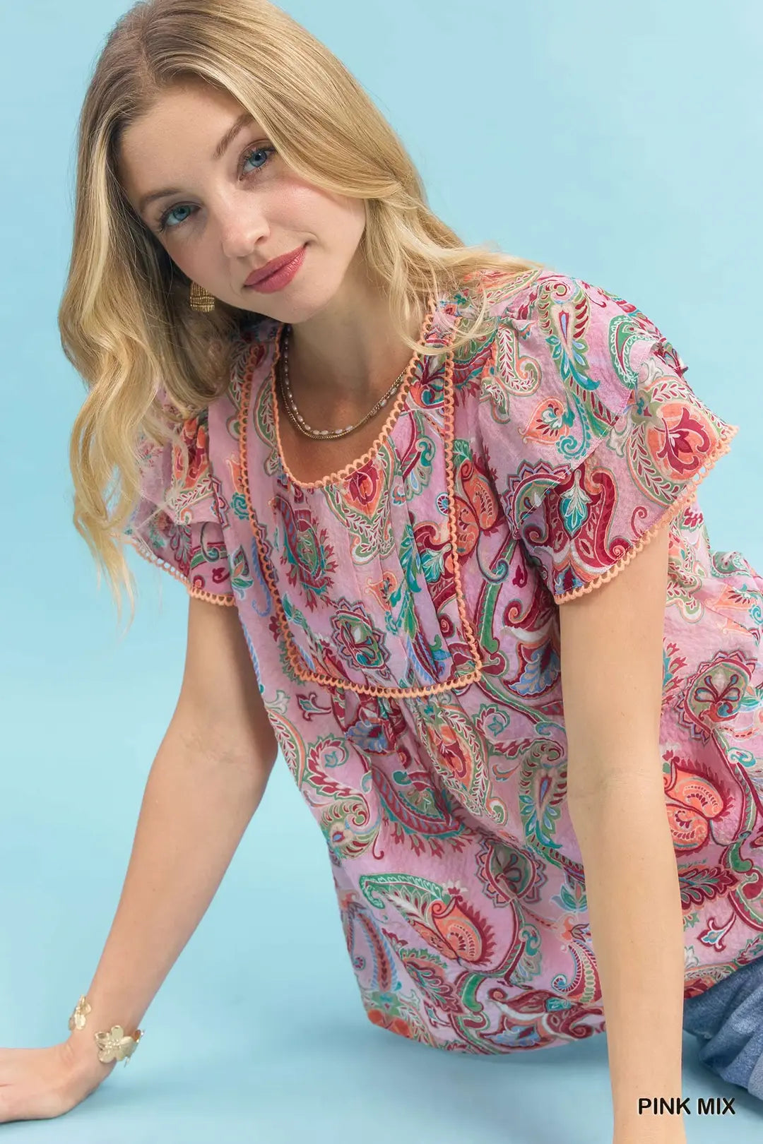 Umgee Mix Paisley Ruffle Sleeve Top-Pink Mix