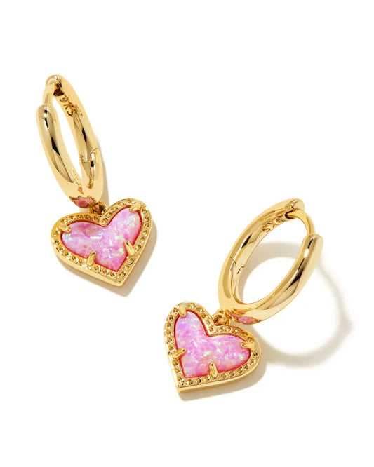 Kendra Scott Ari Heart Gold Huggie Earrings in Bubblegum Pink Kyocera Opal