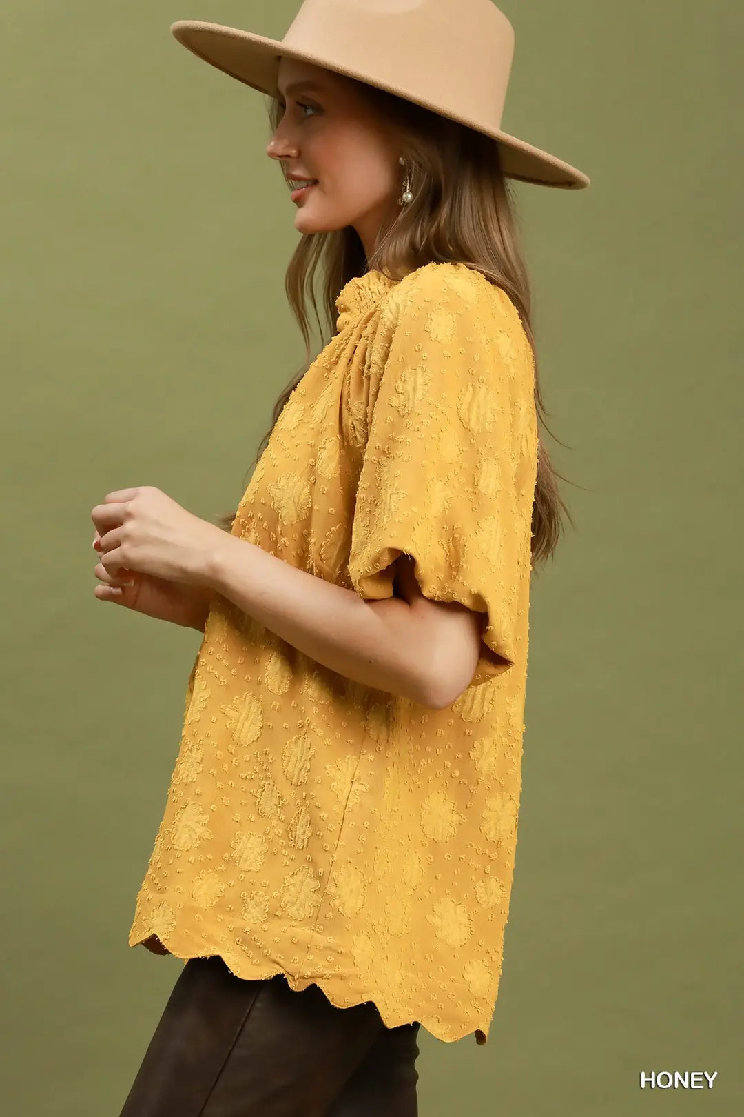 Umgee Floral Textured Short Sleeve V-Neck Blouse-Honey