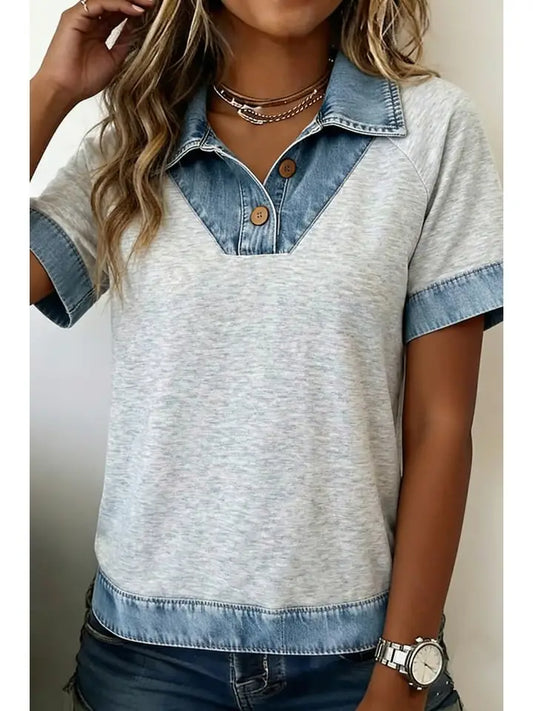 Denim Color Block Patchwork Button Detail Collared Blouse