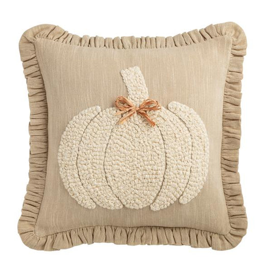 MUD PIE SQUARE EMBROIDERED WHITE PUMPKIN PILLOW