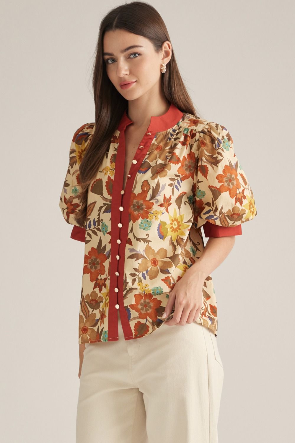 Entro Printed Short Puff Sleeve Top