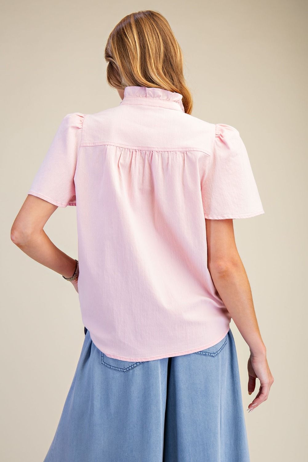 Easel Short Sleeve Washed Top-Cotton Pink