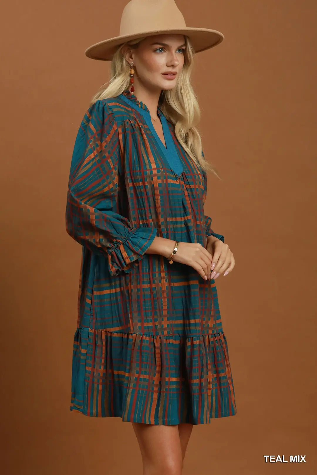 Umgee Mix Plaid Tiered Babydoll Dress-Teal Mix