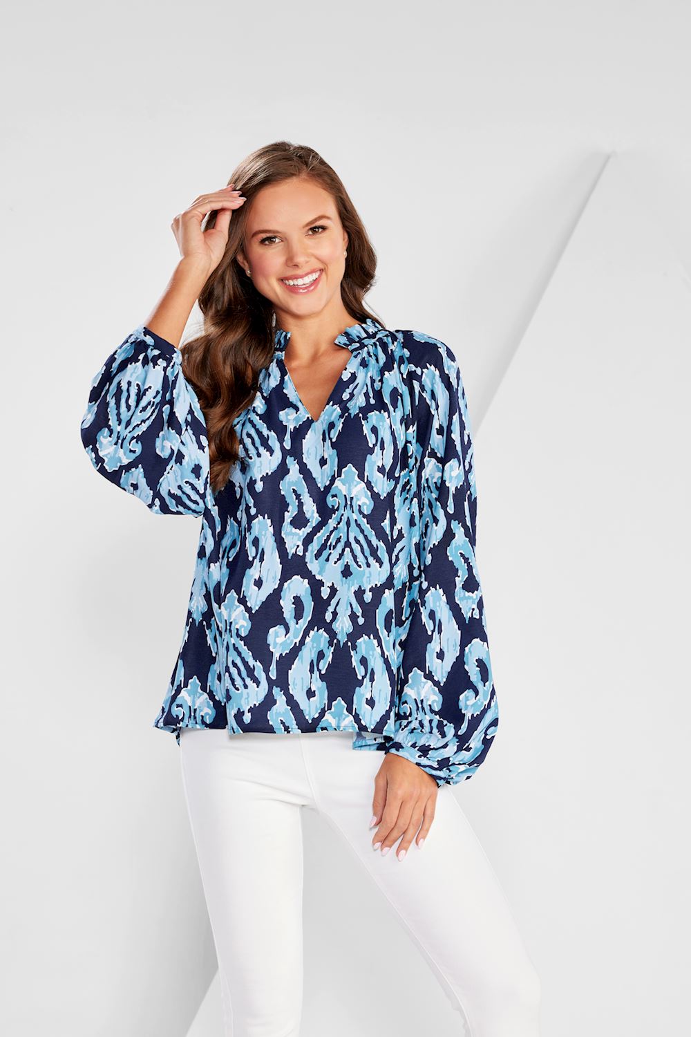 MUD PIE NAVY IKAT BLOCK PRINT WARREN TOP