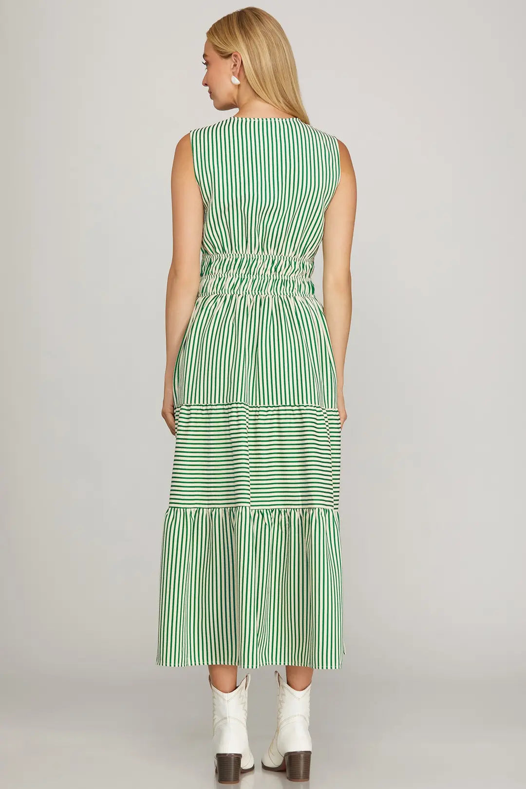 SHE + SKY SLEEVELESS WOVEN STRIPED TIERED MIDI DRESS WITH POCKETS AND ELASTIC WAISTBAND-GREEN