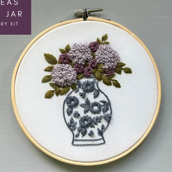And Other Adventures Embroidery Co Hand Embroidery Kit - Plum Roses & Hydrangeas in Ginger Jar