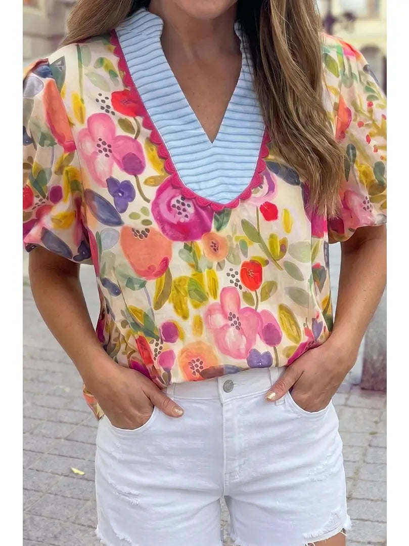 Floral Bubble Sleeve Contrast Scallop Striped V Neck Blouse