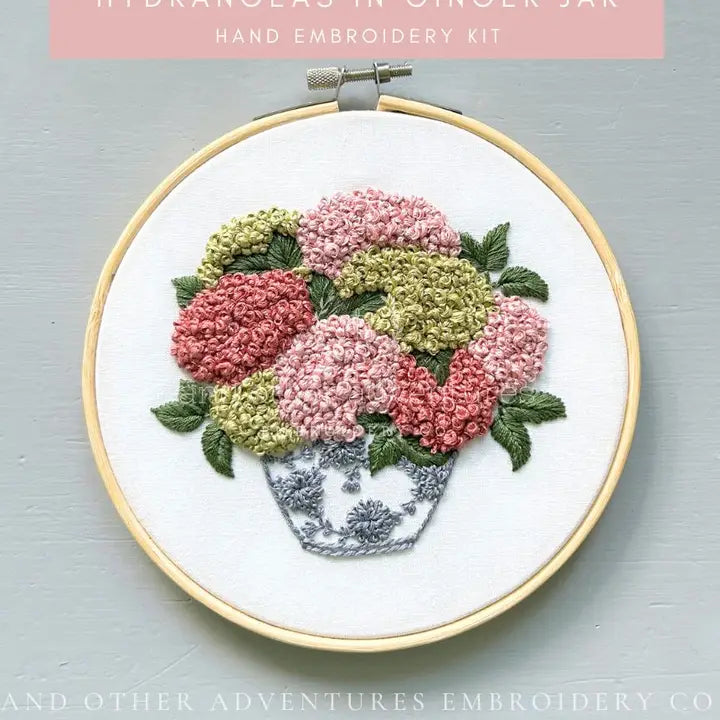 And Other Adventures Embroidery Co Hand Embroidery Kit - Mauve & Lime Hydrangeas in Ginger Jar