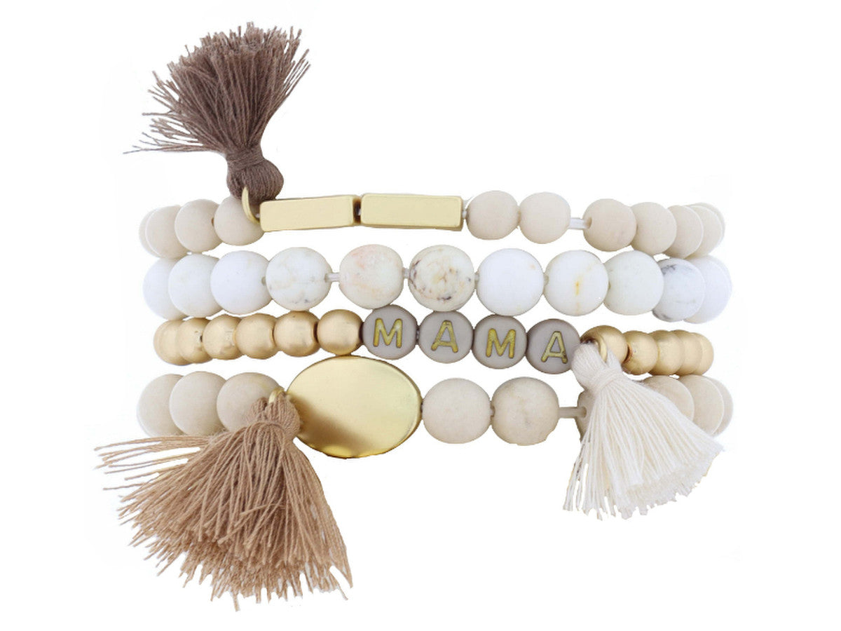 SET OF 4, "MAMA" AND GOLD BEADED WITH TASSEL ACCENT BRACELET