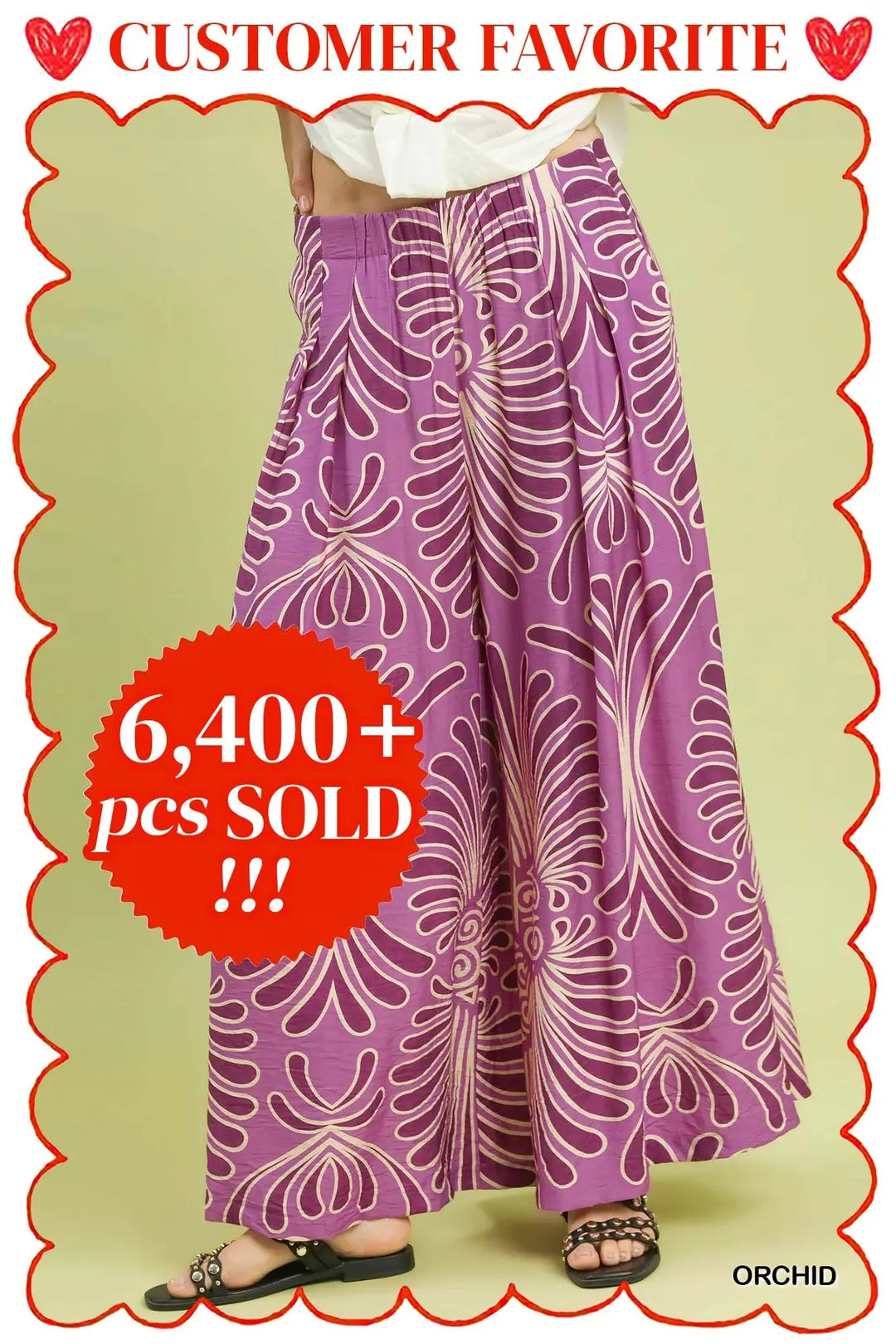 Umgee Feather Print Wide Leg Pants