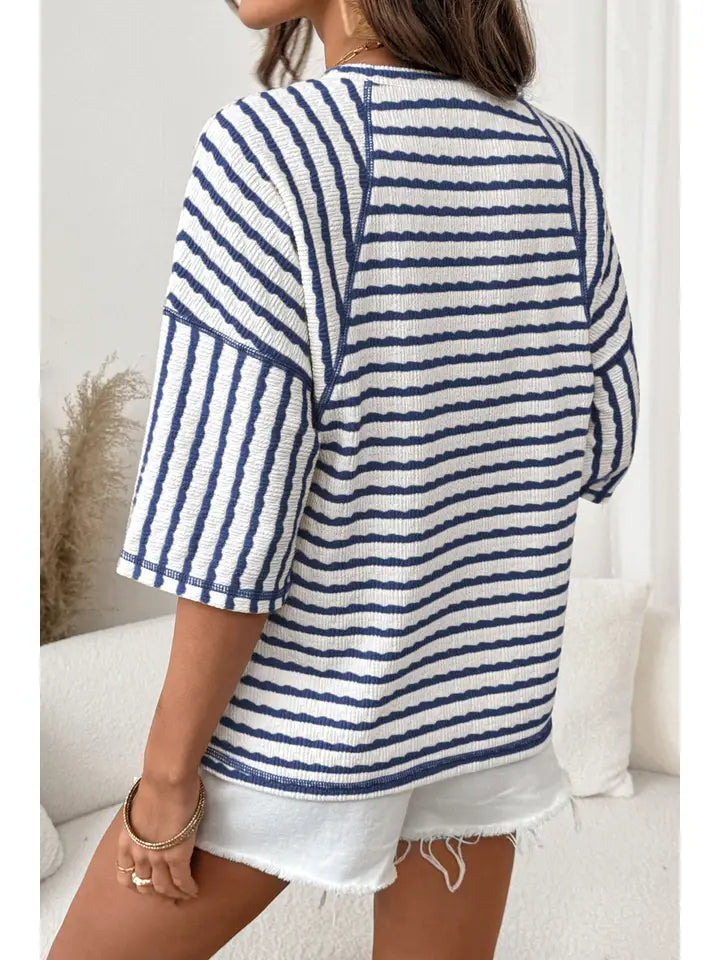 Stripe Textured Knit Split Hem Half Sleeve Top