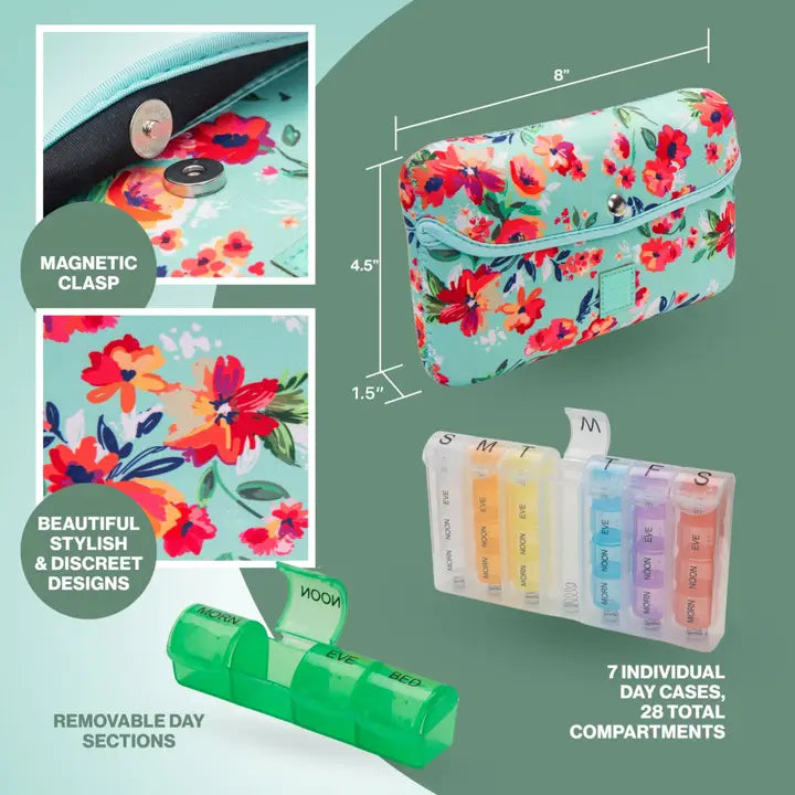 Made Easy Kit Pill Case Large 7-Day / 28 Compartments-Teal Floral