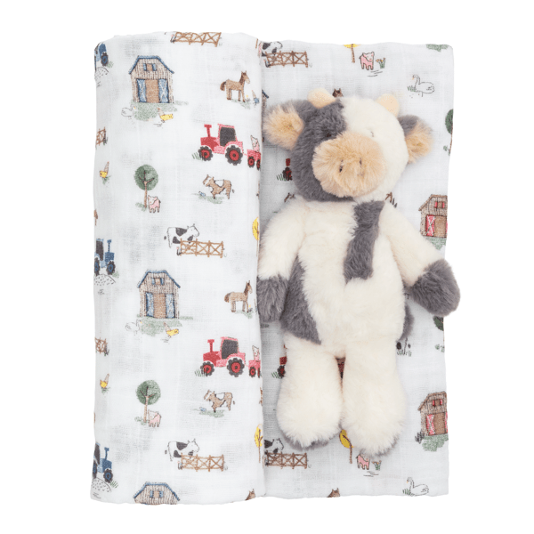 MUD PIE FARM SWADDLE AND RATTLE SET