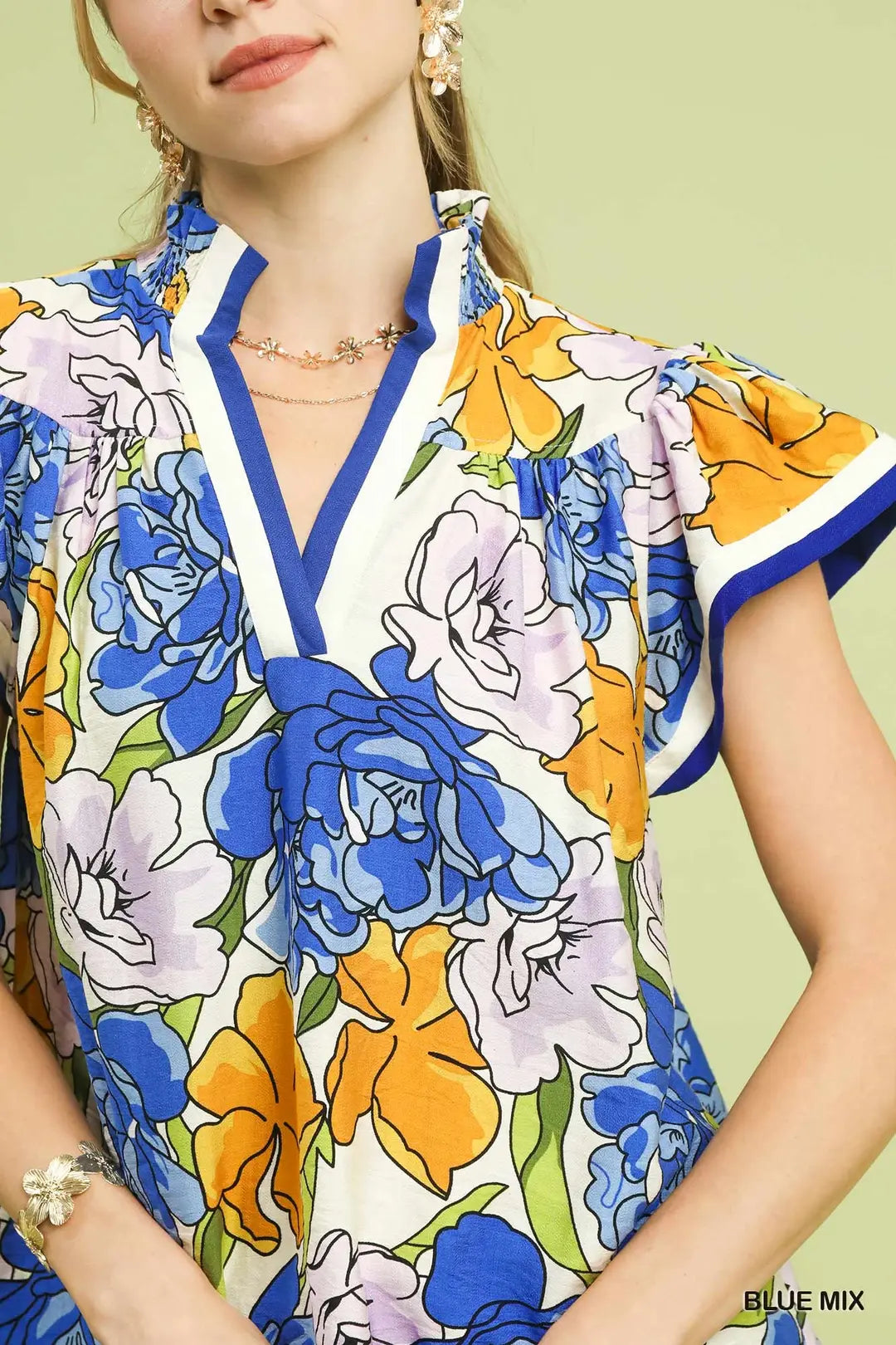 Umgee Floral Print Blouse with Contrast Trim-Blue Mix