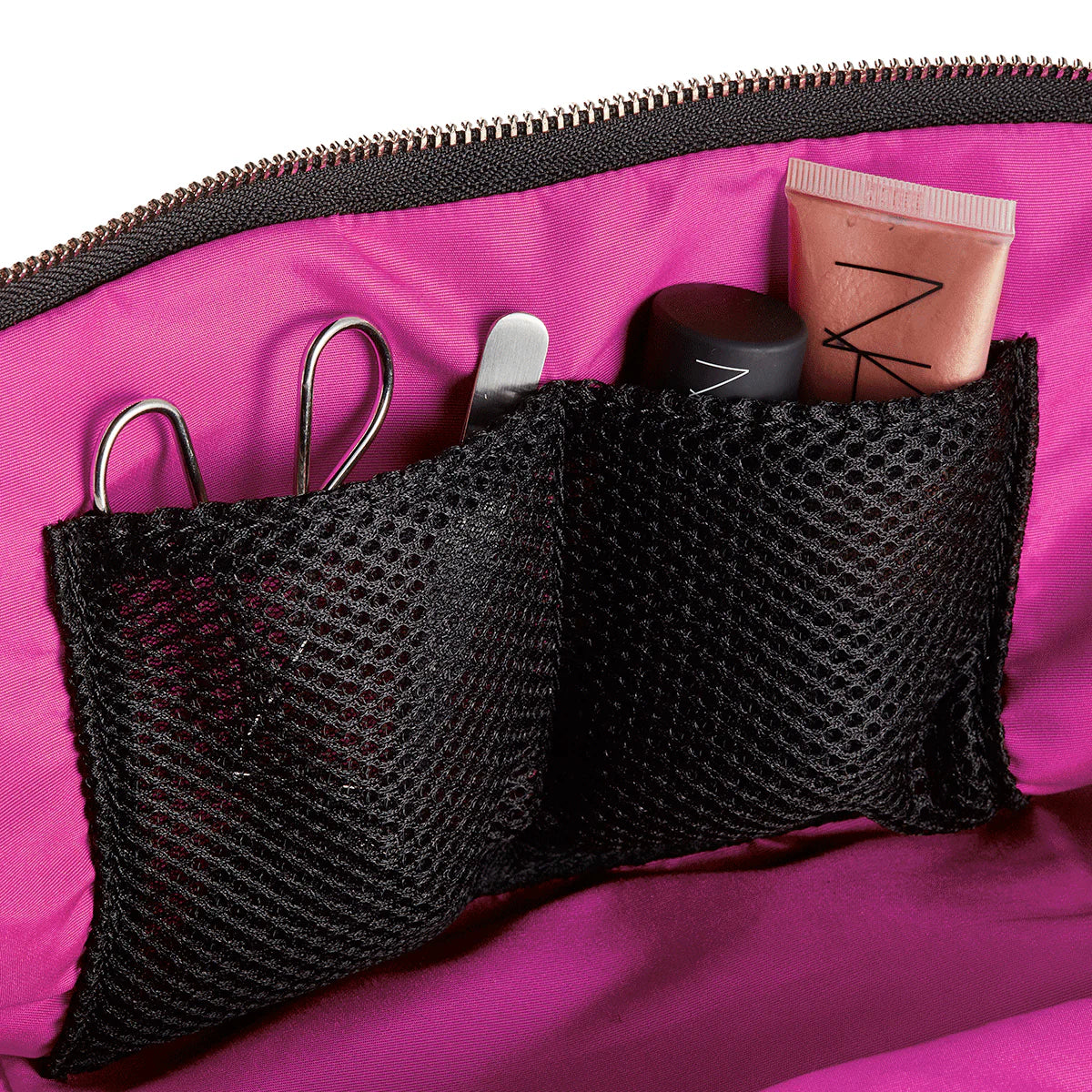 Kusshi Satin Black Fabric with Pink Interior Vacationer Makeup Bag