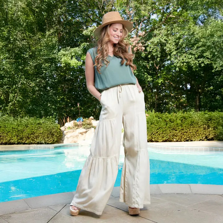 Elsie & Zoey Delaney Wide Leg Tiered Drawstring Chambray Pants