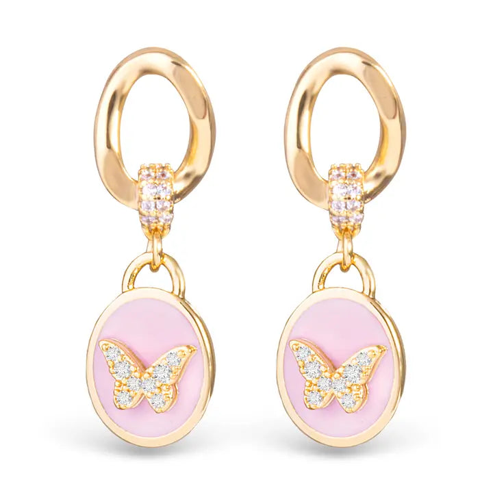 Amanda Blu Pink Enamel and Cz Butterfly Drop Earrings - Gold