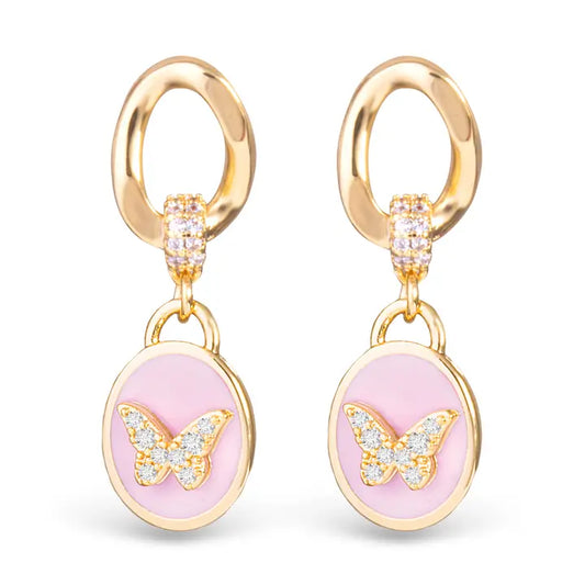 Amanda Blu Pink Enamel and Cz Butterfly Drop Earrings - Gold