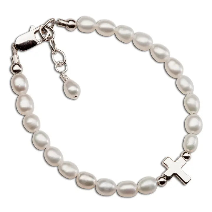 Cherished Moments Girls Sterling Silver Pearl and Cross Baby Bracelet Kids