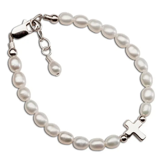 Cherished Moments Girls Sterling Silver Pearl and Cross Baby Bracelet Kids