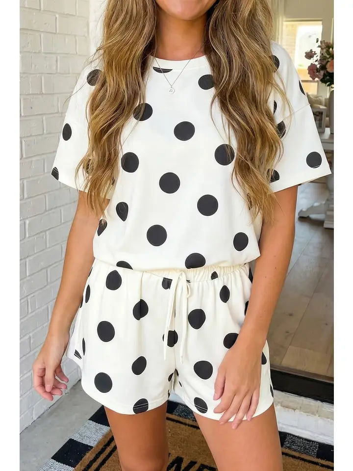 Las Polka Dot Print Loose Tee Drawstring Short Set