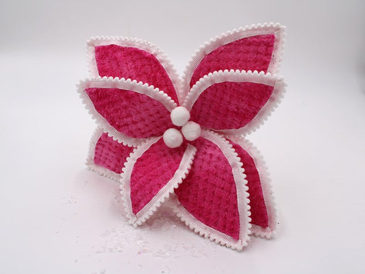 TradeCie 14" Bright Pink Chenille Poinsettia Pick with Pom Pom Trim and Center