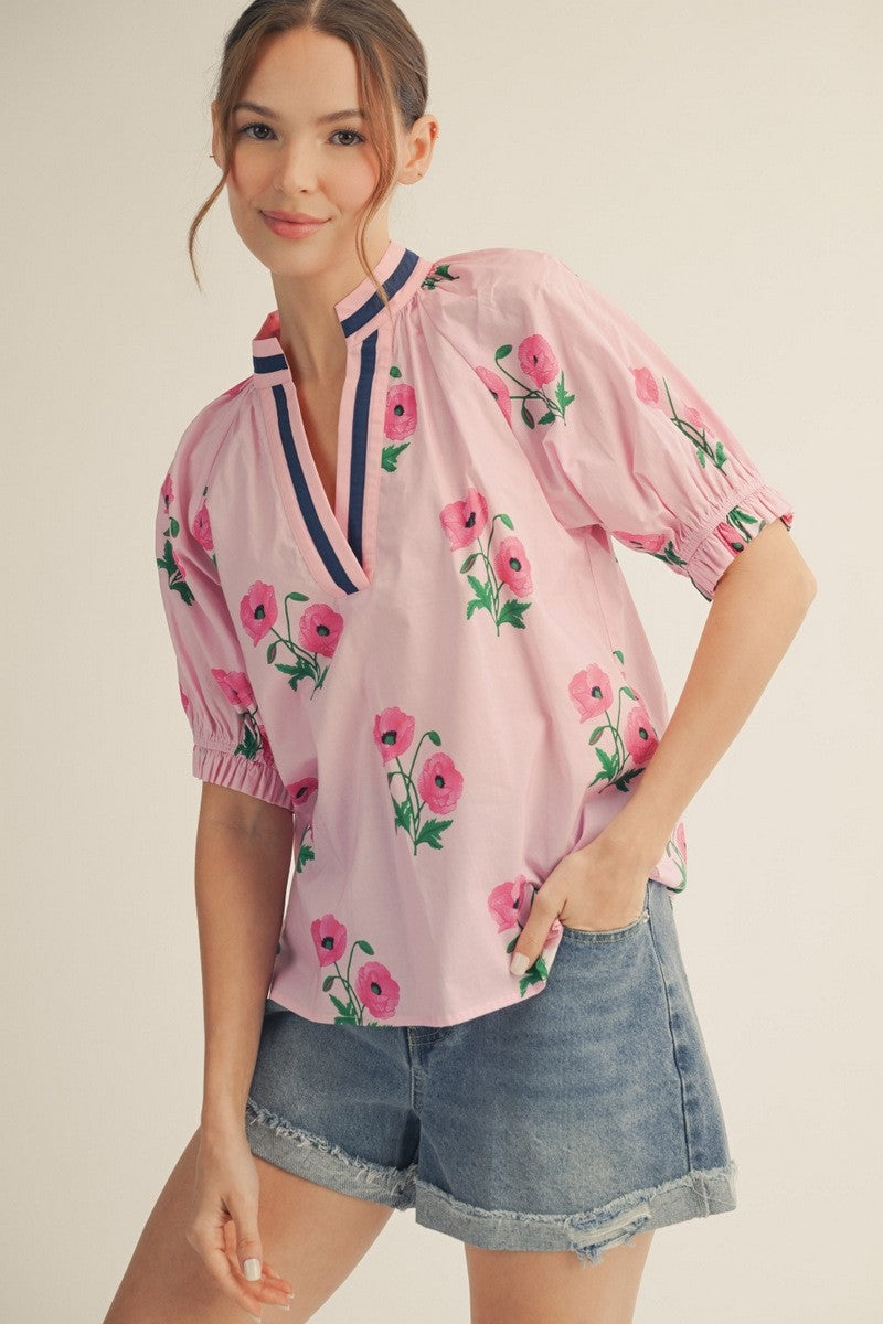Jodifl Color Contrast Accent Floral Top-Pink