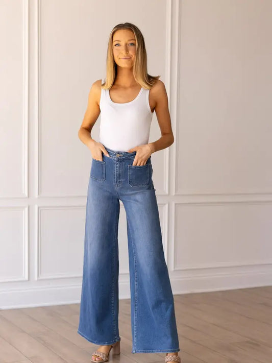 Grace + Emma Medium Wash Wide Leg Flare with Front Pockets