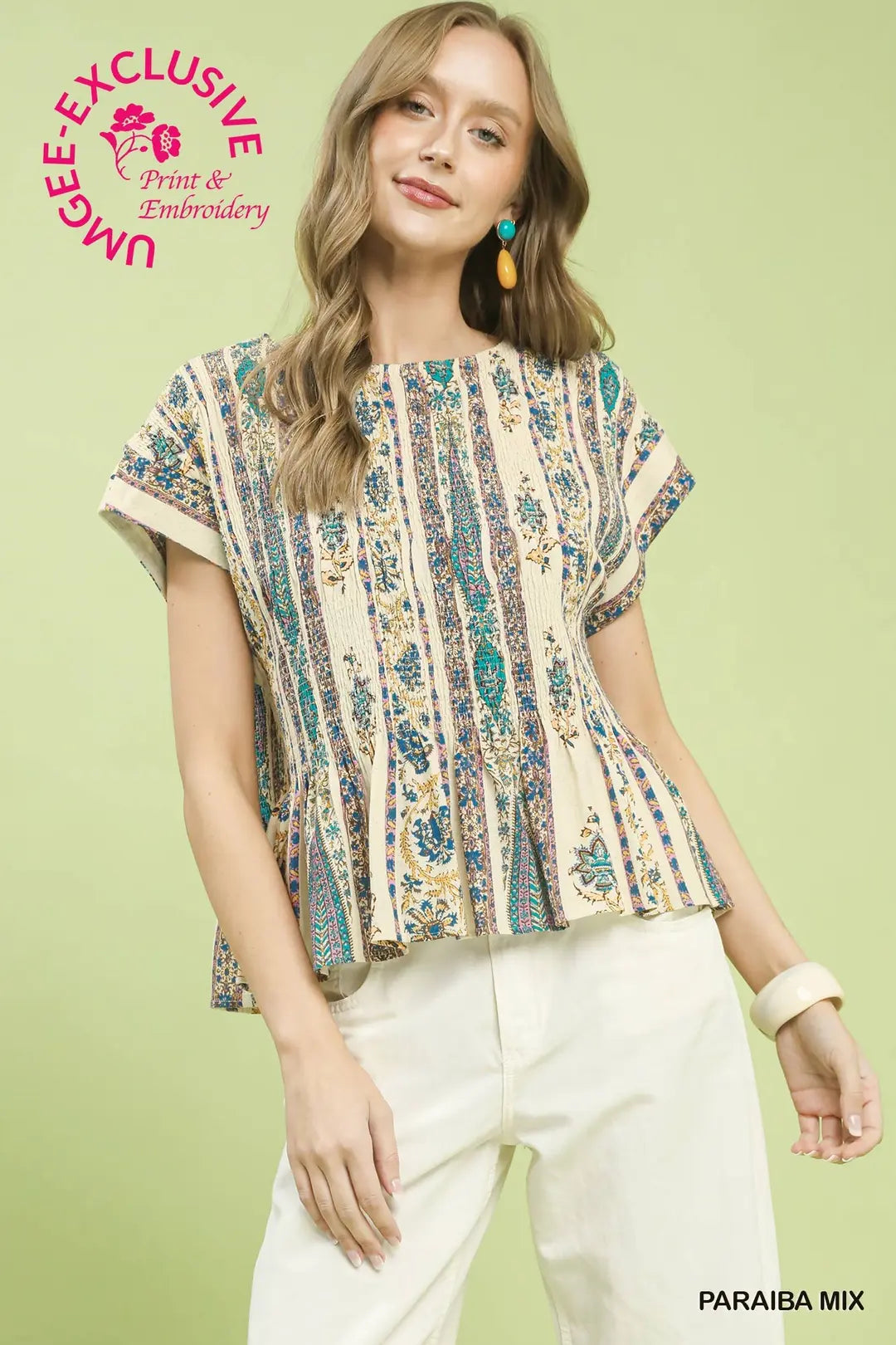 Umgee Linen Printed Cap Sleeve Top
