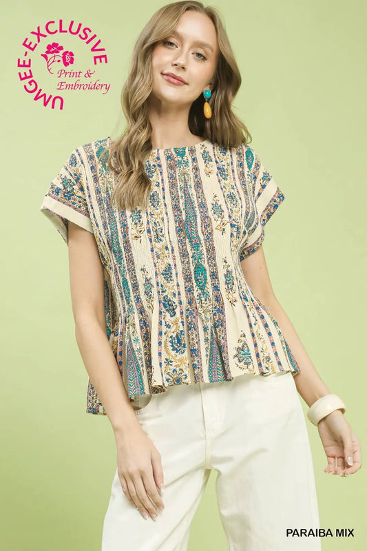 Umgee Linen Printed Cap Sleeve Top