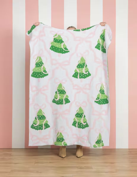 MUD PIE PINK BOW CHRISTMAS TREE CHENILLE BLANKET